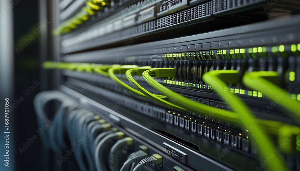Poster the image shows a detailed view of a server rack with multiple network cables connected, indicating 