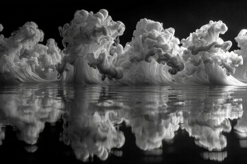 Swirling white clouds reflected in calm water at twilight creating a mesmerizing natural pattern