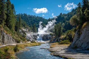 Majestic waterfall with steam rising in a forested landscape near a clear stream under a bright blue sky