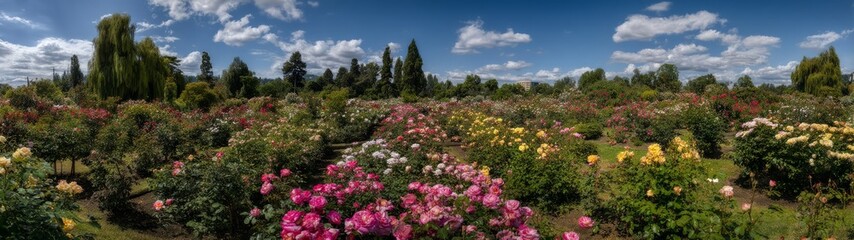 Vibrant flower blooming event in a rose garden scenic landscape daytime panoramic view nature's beauty