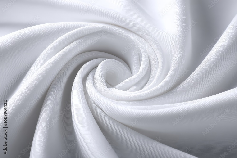 Poster soft white fabric draping in elegant swirl pattern highlighting texture and shine in a well-lit sett