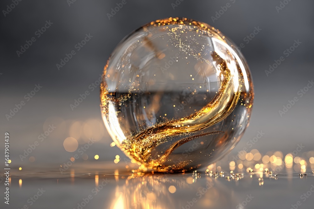 Poster translucent sphere with swirling gold particles creates a mesmerizing visual effect in a reflective 