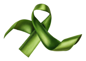A vibrant olive-green awareness ribbon, subtly textured, floats against a black background.  The ribbon, in a stylized awareness shape, displays flowing curves and a slightly glossy appearance