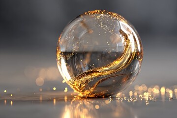 Translucent sphere with swirling gold particles creates a mesmerizing visual effect in a reflective setting