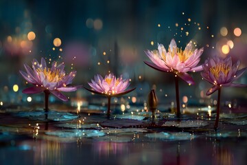 Enchanting water lilies bloom under soft lights at twilight, creating a serene and magical atmosphere on the pond