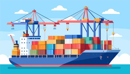 Vector illustration of cargo ship docked at port with containers and cranes. Ideal for export-import, global trade, and logistics presentation.