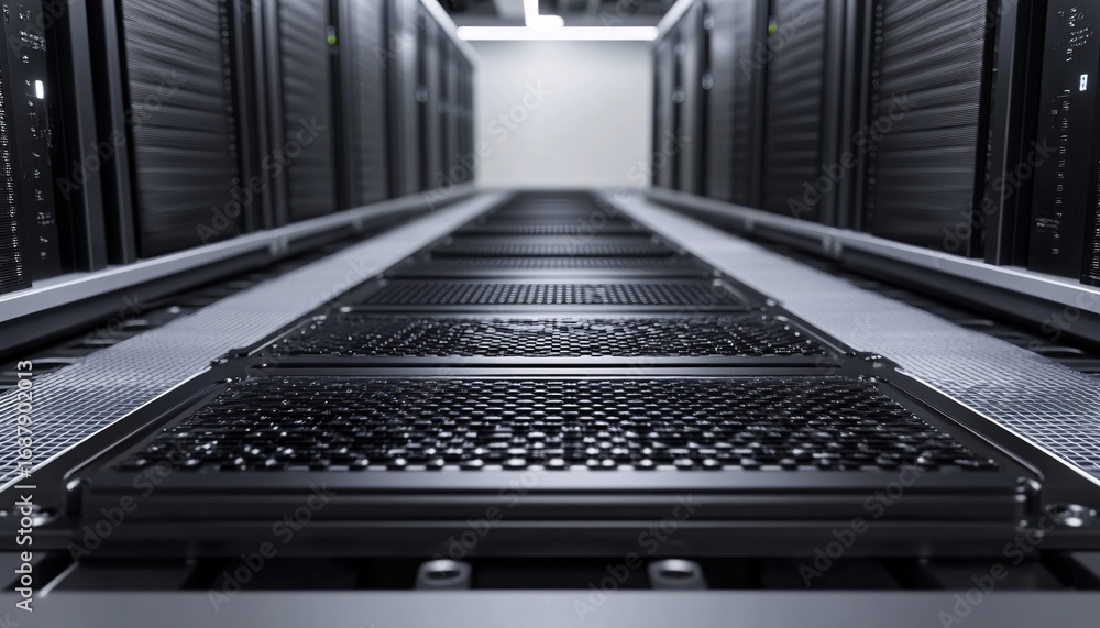 Poster the image shows a perspective view down a long hallway of uniformly sized black servers with a gray 