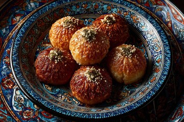 Delicious traditional sweets displayed on an ornate plate with vibrant patterns, perfect for a festive occasion