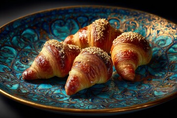 Freshly baked pastries on a decorative plate showcase culinary artistry and vibrant colors