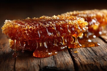 Fresh honeycomb dripping with golden honey on rustic wooden surface in natural lighting