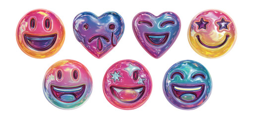 Colorful Glossy Emoji Icons with Various Expressions on Transparent Background