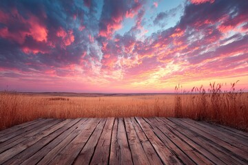 Vibrant sunset over golden fields with wooden deck in foreground offers breathtaking view of nature's beauty