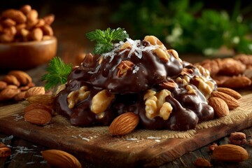Delicious chocolate-covered nuts stacked on a wooden board with fresh mint in a cozy kitchen setting