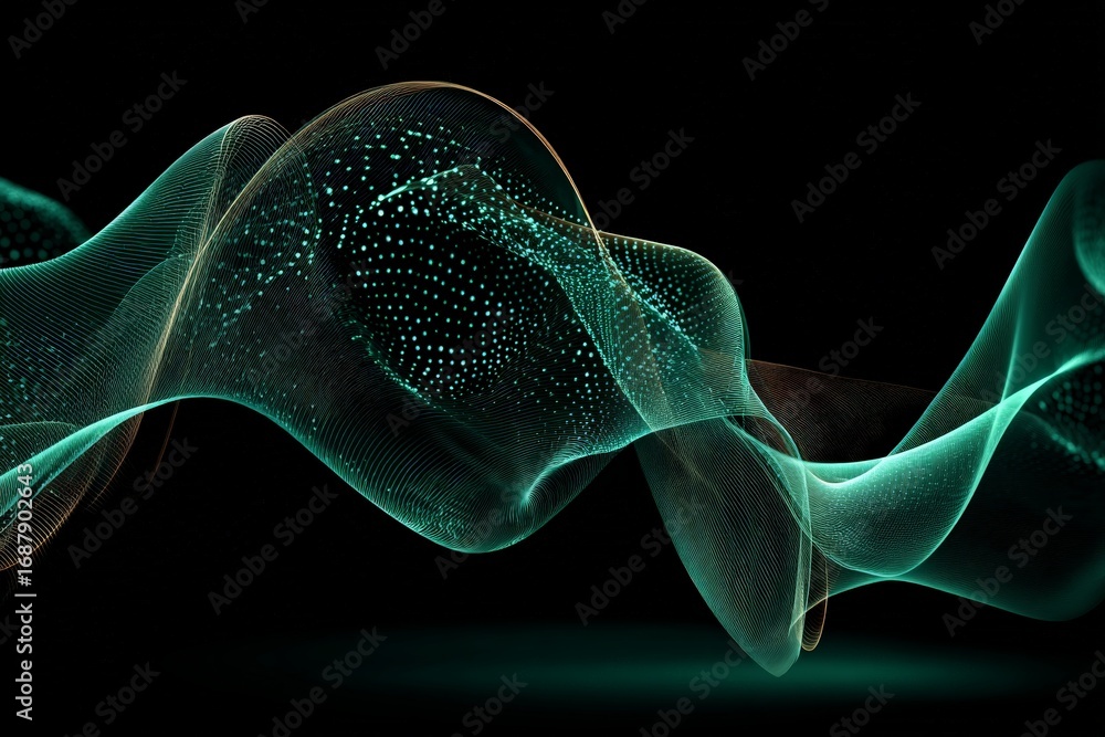 Poster fluid shapes and glowing particles create a dynamic visual experience with teal tones and vibrant mo