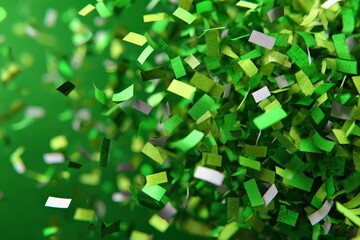 Vibrant green confetti shower celebrating a festive occasion with a lively atmosphere