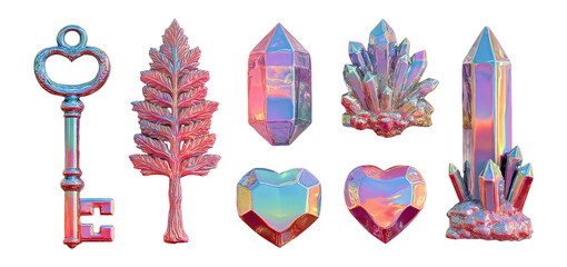 Colorful Crystal and Key Decorative Elements on Transparent Background