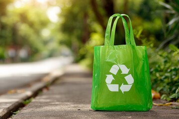 Reusable green bag placed on sidewalk near a tree-lined road promoting environmental awareness and sustainability efforts