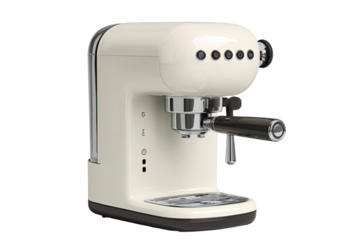 Retro-style cream-colored espresso machine, angled view.  Dark-brown accents.  Features a rounded design, visible controls and steam wand
