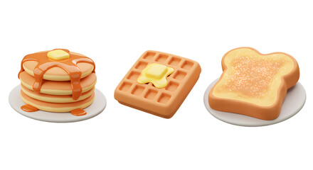 3d Cute Cartoon Breakfast Set Pancakes Waffle Toast Isolated Transparent Background