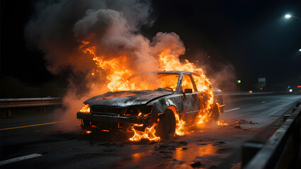 Burning car on the road at night with flames and smoke rising in dramatic scene.
