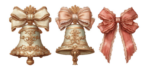 Vintage Decorative Bells with Ribbons in Elegant Style on Transparent Background