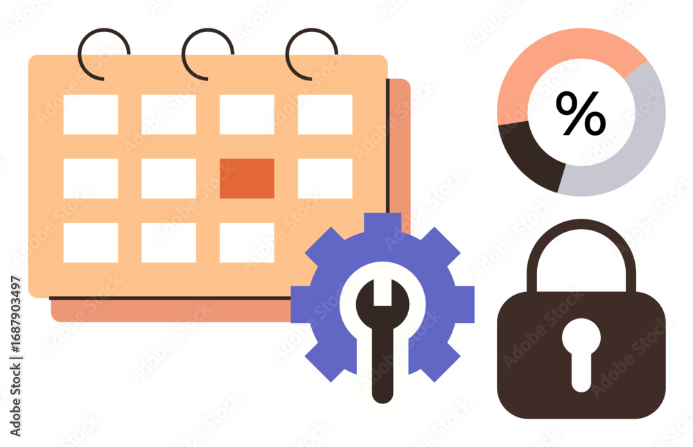 Poster Calendar grid with highlighted date, gear and wrench, padlock, pie chart section. Ideal for scheduling, security, maintenance, finance analytics productivity and organization. Simple flat metaphor