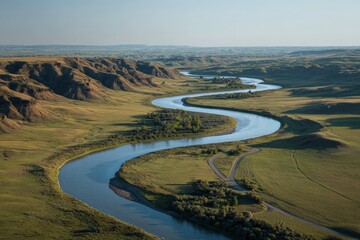 Scenic winding river flows through lush green valley in early morning light under clear blue sky
