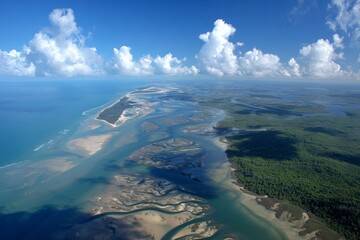 Aerial view of a coastal landscape showcasing rivers, estuaries, and lush greenery on a sunny day