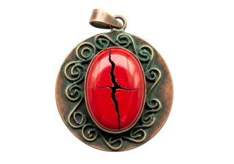 Ornate copper pendant featuring a vibrant, cracked red gemstone, set against a stark black backdrop.