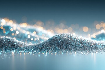 Sparkling blue and silver glitter with soft waves and blurred lights in a tranquil background