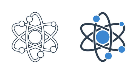 Atomic model icons: outlined and filled versions, showing electrons orbiting a nucleus.