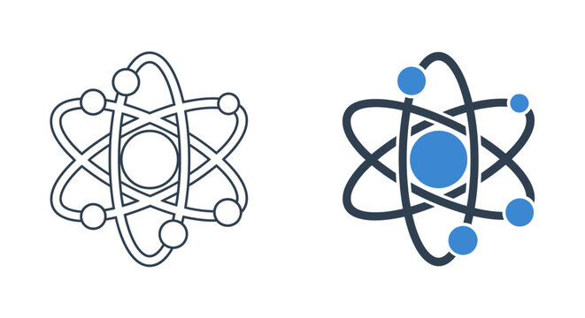 Atomic model icons: outlined and filled versions, showing electrons orbiting a nucleus.