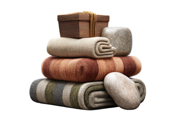 Stacked blankets and a wooden box with a wrapped gift, atop a stone