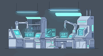 A futuristic assembly line with robotic arms and computer screens in a laboratory setting.