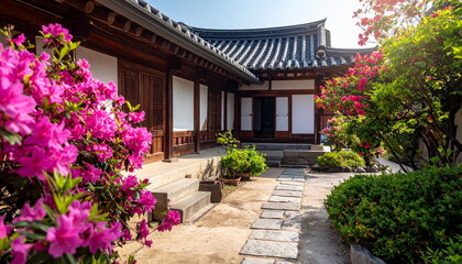 A serene courtyard of a traditional Korean hanok house surrounded by vibrant pink blossoms