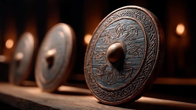 Ancient Viking Shields Resting on a Wooden Rack