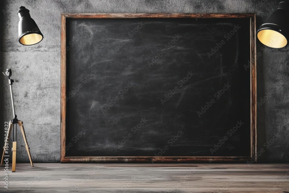 Aufkleber empty blackboard with spotlights on rustic background and chalk texture
