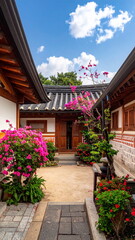 A serene courtyard of a traditional Korean hanok house surrounded by vibrant pink blossoms