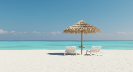 Idyllic beach scene with turquoise ocean white sand and inviting beach chairs under a straw umbrella perfect for relaxation and vacation vibes