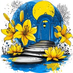 Enchanted Gateway Surrounded by Radiant Flowers Under a Bright Moon