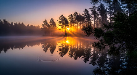 Fototapeta premium Sunrise over Misty Lake with Reflections of Forest Trees | Serene Morning Landscape for Nature and Travel Photography