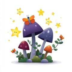 Whimsical Fantasy Scene with Colorful Mushrooms and Cheerful Stars