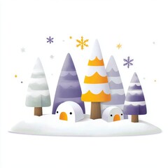 Colorful Winter Forest Scene with Snowy Trees and Cute Characters