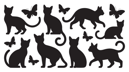 A black and white silhouette illustration of multiple cats and butterflies arranged on a white background.  
