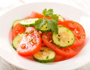 Fresh tomato and cucumber salad on a white plate