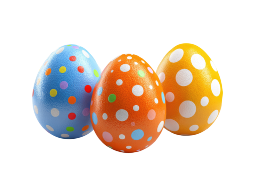 Three decorated Easter eggs in a row. Colorful polka dots on light-colored egg shells