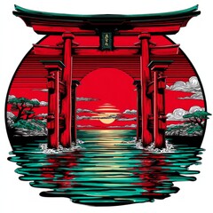 Traditional Japanese Torii Gate Against Sunset with Calm Water Reflection