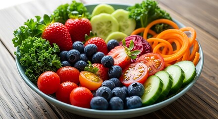 Fresh Colorful Fruit and Vegetable Bowl on Rustic Wooden Table