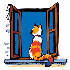 Cat gazing out of a window enjoying sunlight and beautiful view