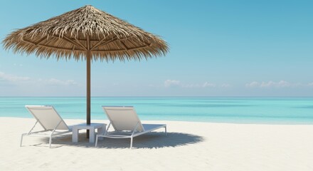 Tropical beach paradise with turquoise ocean water and white sand featuring sunbeds and a straw umbrella for ultimate relaxation